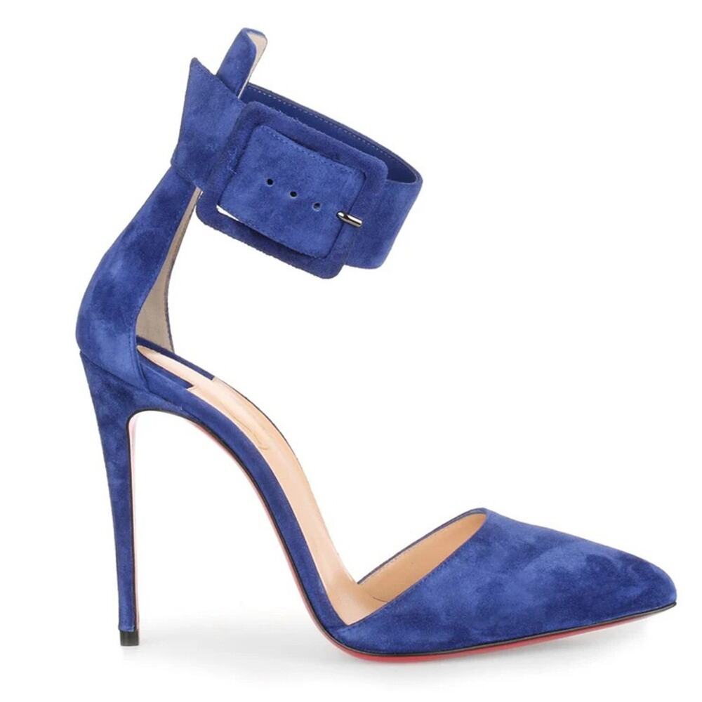 Christian Louboutin Harler 100 Blue Suede Ankle Strap Pumps Heels 39.5 NIB